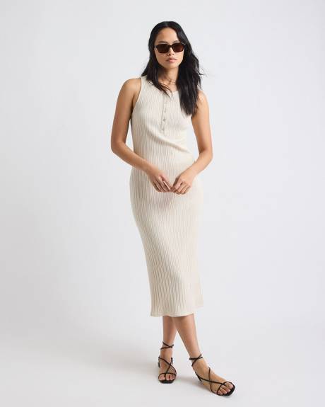 Sleeveless Crew-Neck Ribbed Midi Dress with Buttoned Placket