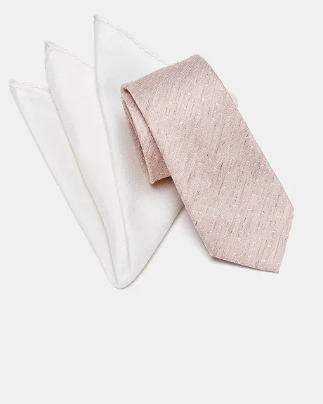 Cravate Rose Régulière Texturée avec Mouchoir Blanc - Ensemble Cadeau