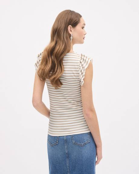 Haut Rayé à Col Rond et Manches Courtes à Volants