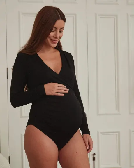 Crossover-Neck Long Sleeve Bodysuit - Thyme Maternity