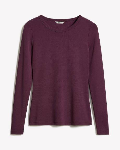 T-Shirt Côtelé Ajusté à Manches Longues et Col Rond en Tricot Luxueux