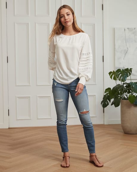 Long Puffy Sleeve Crew-Neck Blouse with Crochet Details