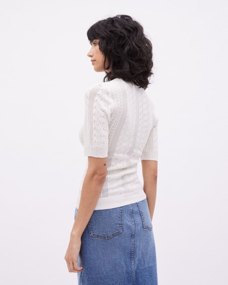 Elbow-Sleeve Crew-Neck Sweater with Pointelle Stitches