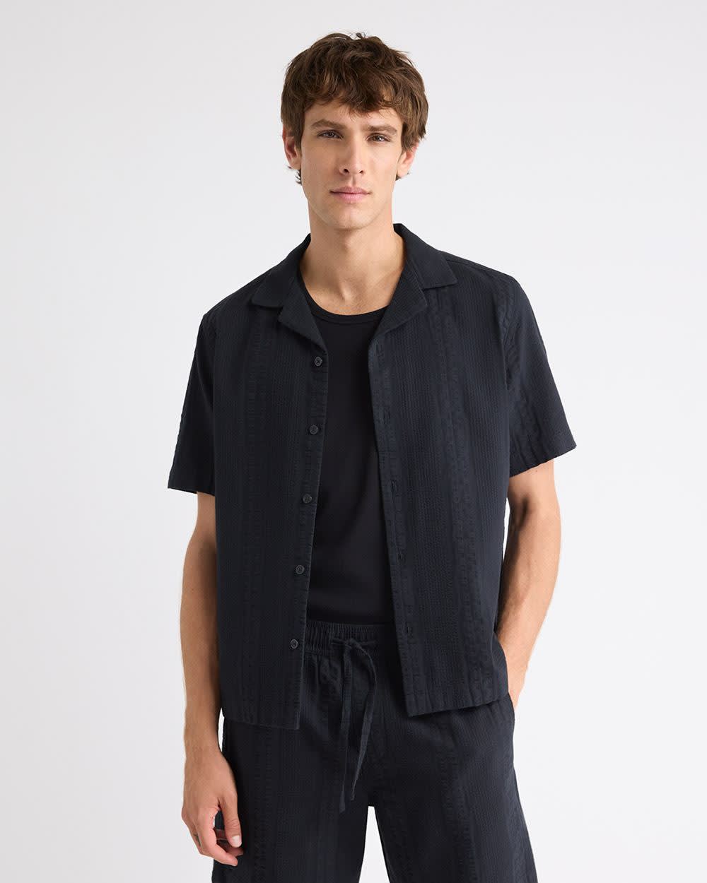 Seersucker Short-Sleeve Shirt with Camp Collar