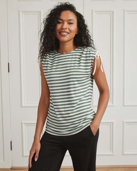 Striped French Terrry Crew-Neck T-Shirt with Drawcord at Shoulder