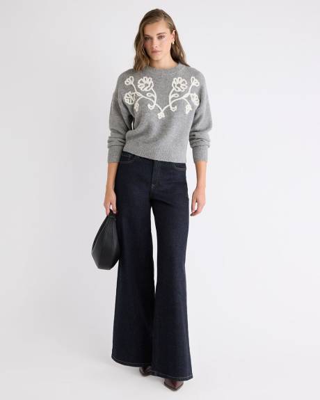 Long-Sleeve Crew-Neck Sweater with Flower Appliqués