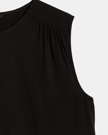 Black Sleeveless Crew-Neck Tee with Shirred Shoulders