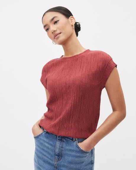 Crew-Neck Crinkled-Knit Tee with Cap Sleeves