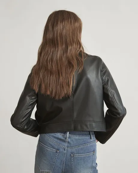 Zipped Shirt Collar Faux Leather Cropped Jacket