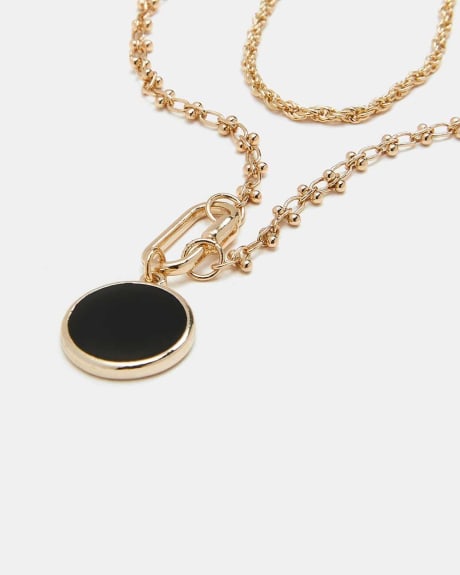 Two-Row Golden Necklace with Black Round Pendant