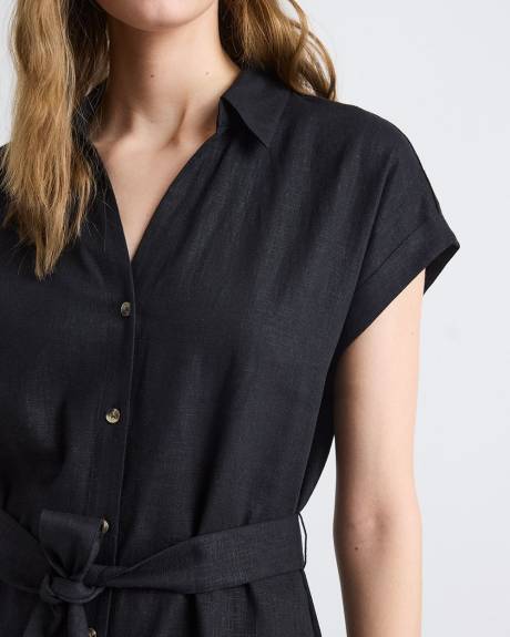 Robe Midi en M&eacute;lange de Lin &agrave; Manches Courtes et Col Chemisier