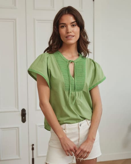 Embroidered Cotton Voile Popover Blouse with Tied Split Neck