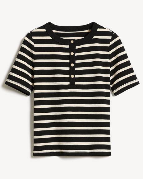 Striped Short-Sleeve Henley Ribbed Top