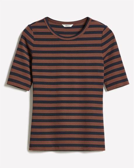 T-Shirt Rayé Ajusté à Manches aux Coudes et Col Rond