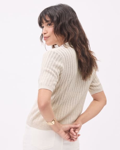 Short-Sleeve Buttoned-Down Sweater with Shirt Collar