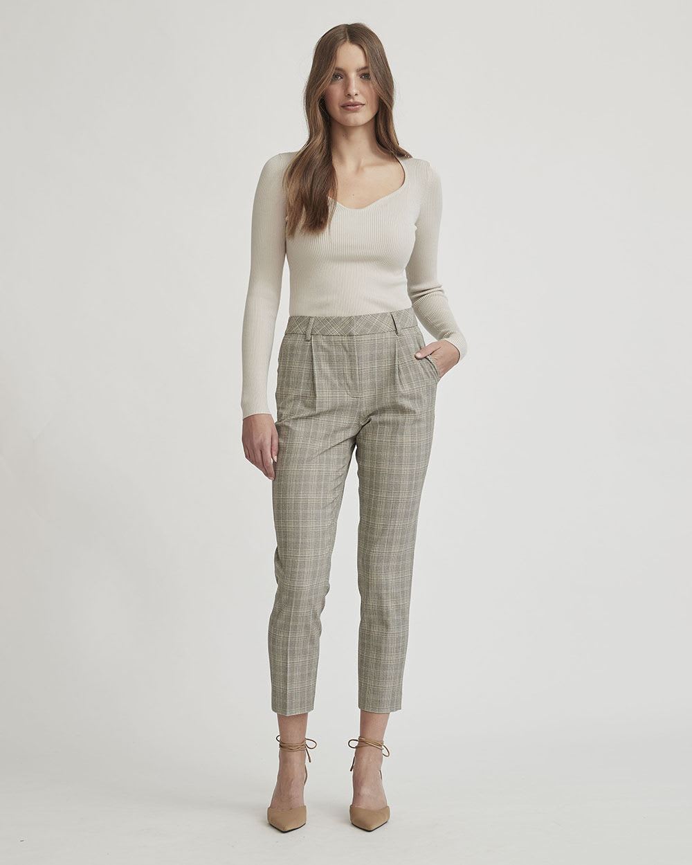 Grey Plaid High-Waist Tapered Ankle Pant - 28"
