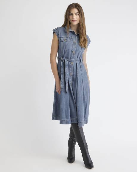 Extended-Sleeve Denim Midi Dress