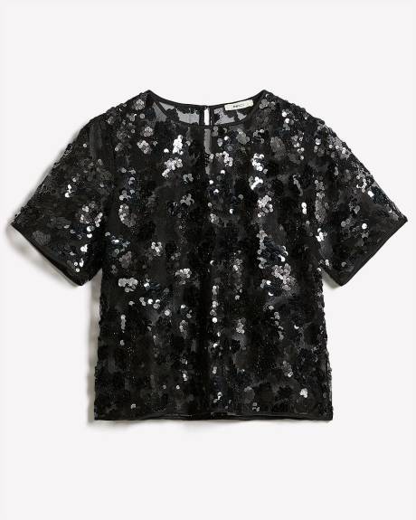 Short-Sleeve Crew-Neck Sequins Popover Blouse