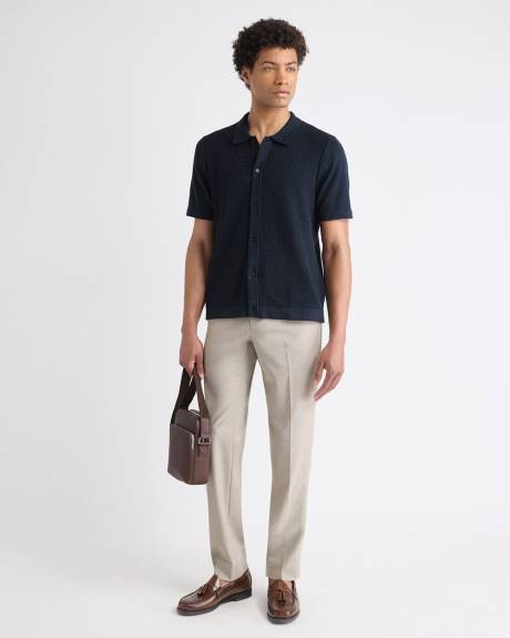 Short-Sleeve Buttoned-Down Textured Sweater with Shirt Collar