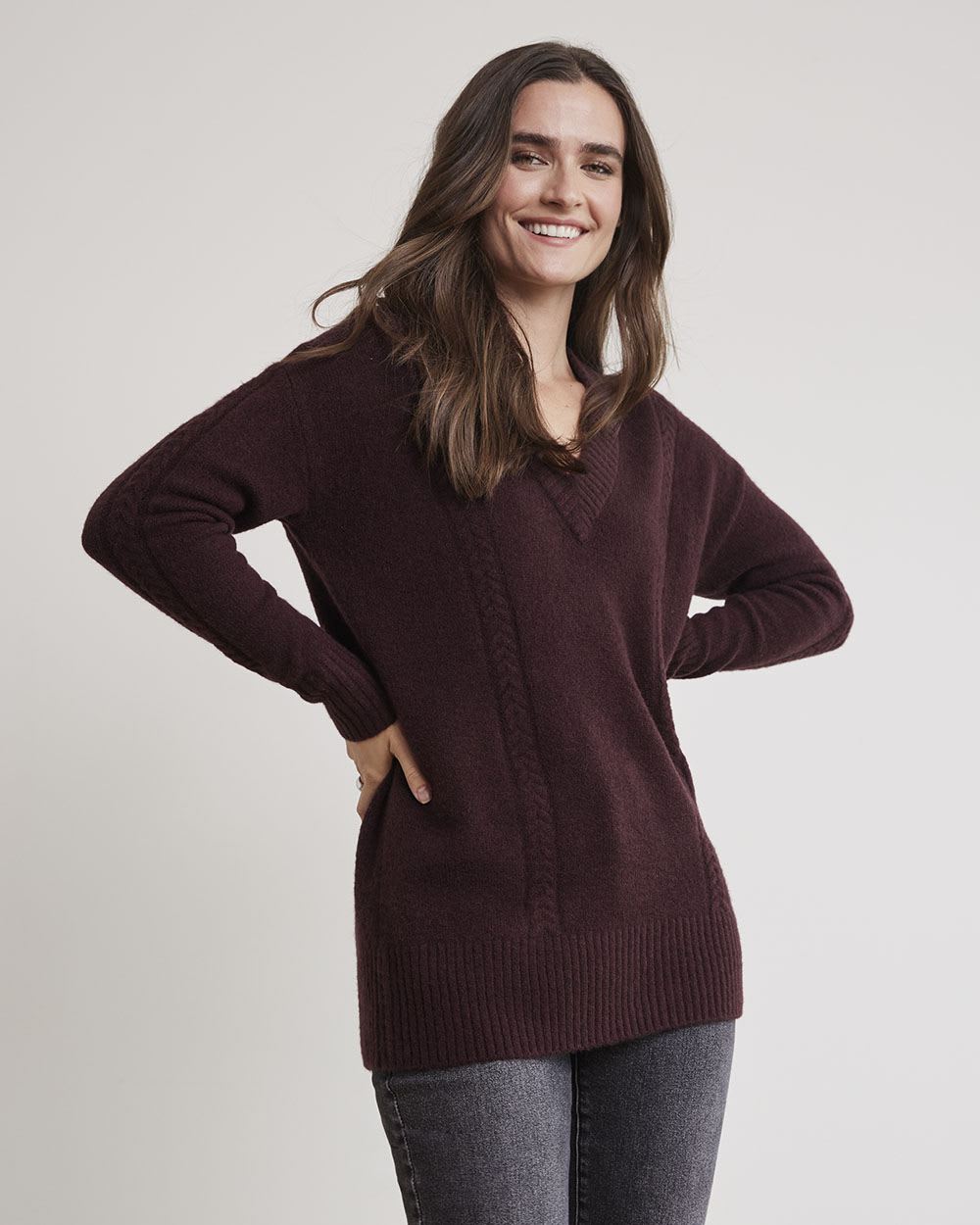 Merino-Blend V-Neck Tunic with Cable Stitches