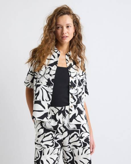 Blouse en M&eacute;lange de Lin &agrave; Manches Courtes et Col Chemisier