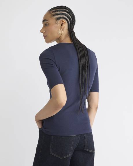 T-Shirt Ajusté à Manches aux Coudes et Col Rond