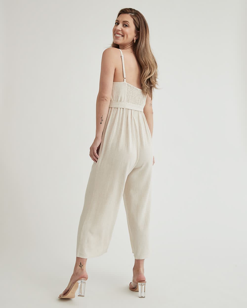 Linen Blend Jumpsuit with Adjustable Straps and Waist Sash Thyme