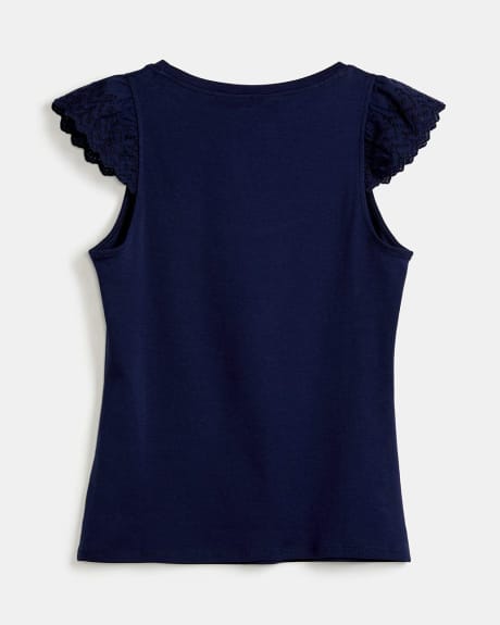 Heavy Cotton T-Shirt with Eyelet Cap Sleeves