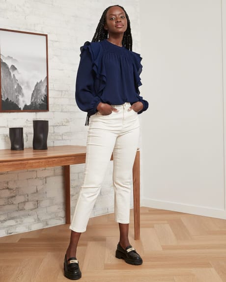 Ruffled Crew-Neck Popover Blouse with Buttoned Cuffs