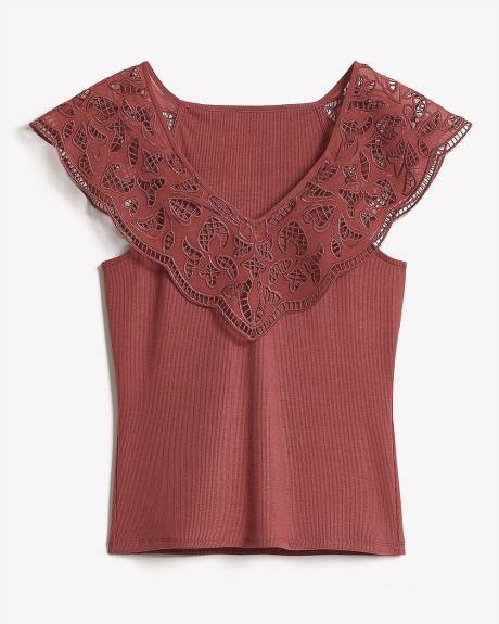 Haut Côtelé à Col V avec Manches Courtes à Volants