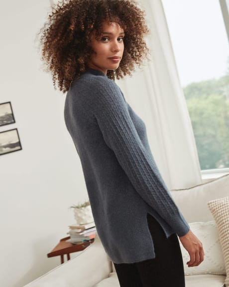 Spongy Funnel Neck Tunic with Pointelle Sleeves