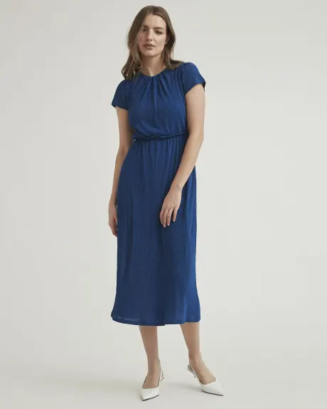 Knit Plissé Short Sleeve Fit and Flare Midi Dress