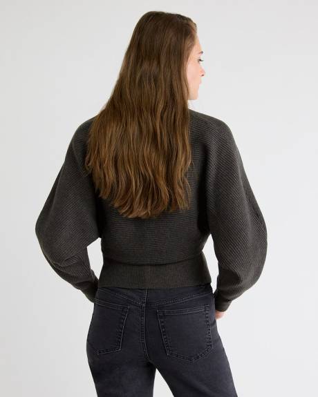 Long-Dolman-Sleeve V-Neck Ribbed Cardigan