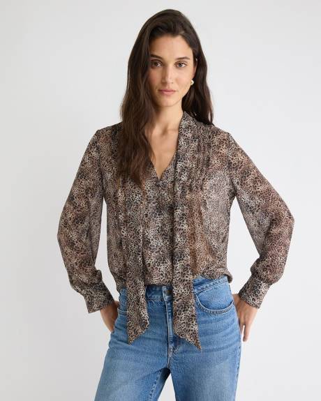 Long-Sleeve V-Neck Blouse with Ribbon at Neckline