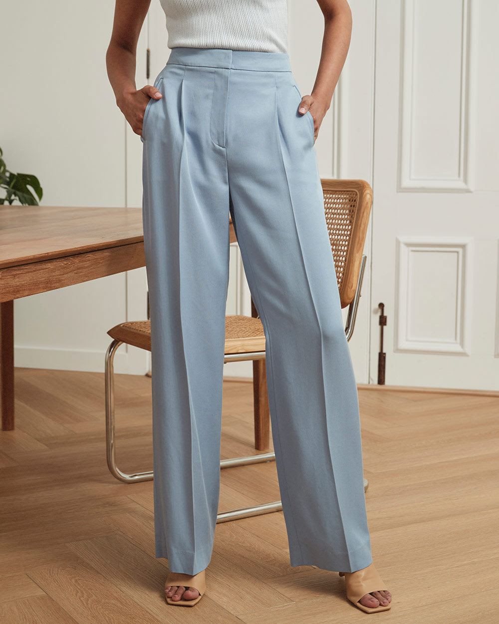 Pantalon Bleu Ciel à Jambe Large et Taille Haute en Sergé - 33 "
