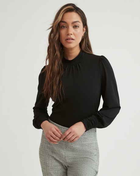 Knit Crepe Mock-Neck Long Puffy Sleeve Top