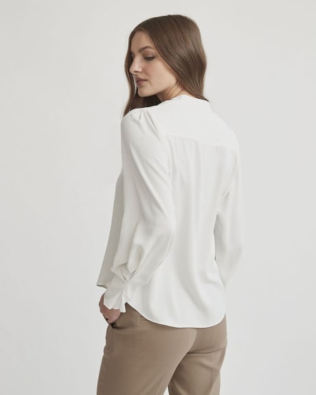 White Long Pleated Sleeve Popover Blouse with Neck Tie
