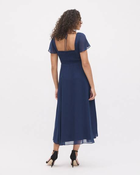 Short-Sleeve Midi Cocktail Dress with Square Neckline