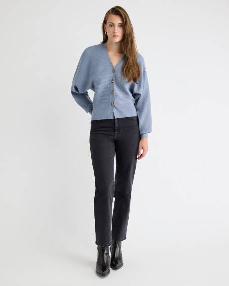 Long-Dolman-Sleeve V-Neck Ribbed Cardigan