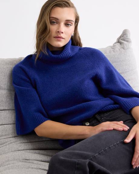 Elbow-Sleeve Mock-Neck Loose Sweater