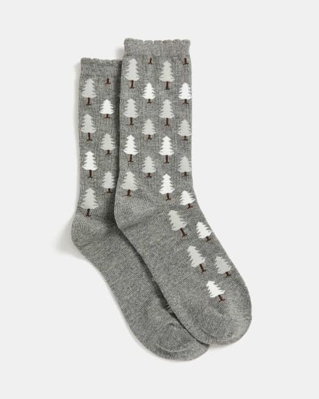 Grey Socks with Christmas Trees