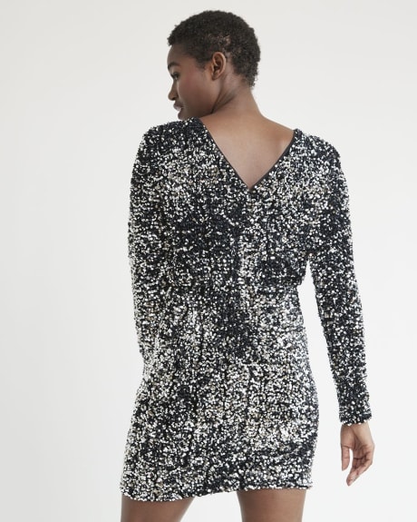 Long-Sleeve Sequins Dress with Deep V Back