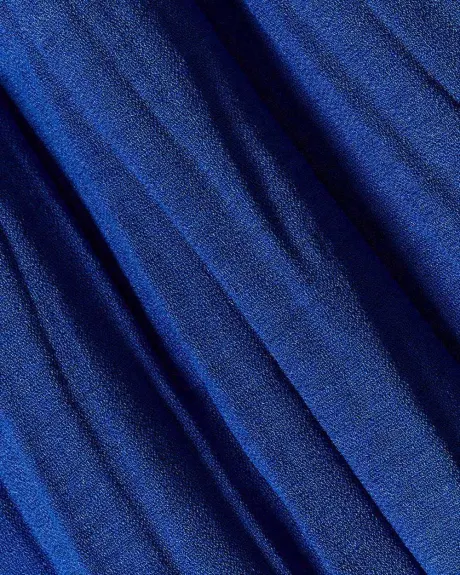 Robe Bleue Plissée Sans Manches à Col V avec Ceinture
