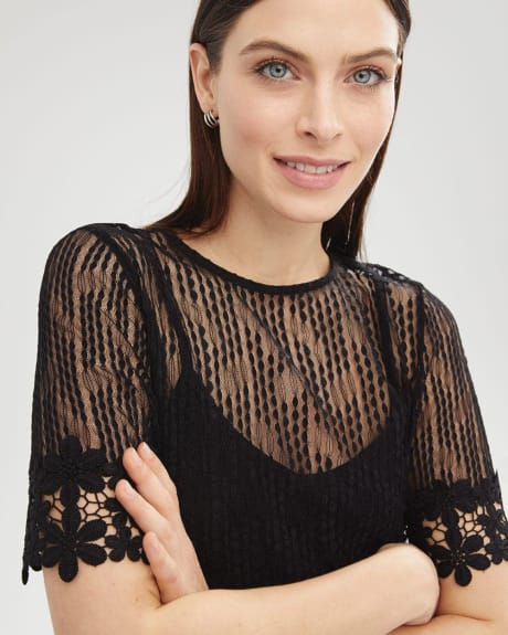 Lace Elbow Sleeve Top with Flowery Details