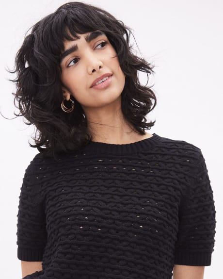 Classic Elbow-Sleeve Sweater with Fancy Stitches