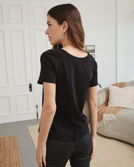 Scoop Neck T-Shirt with Pleated Shoulders
