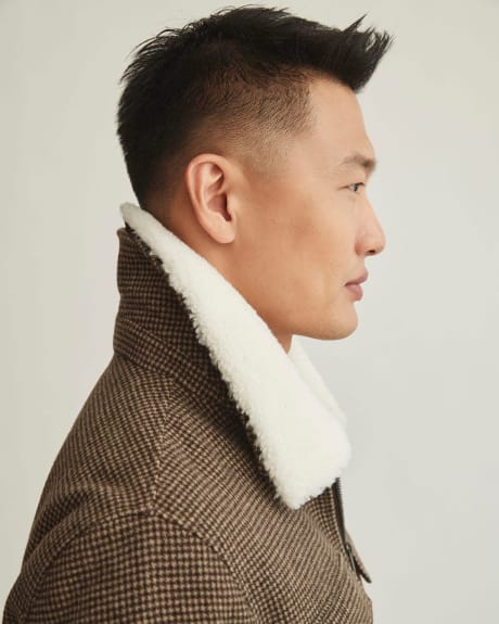Short Houndstooth Wool Jacket with Removable Sherpa Collar