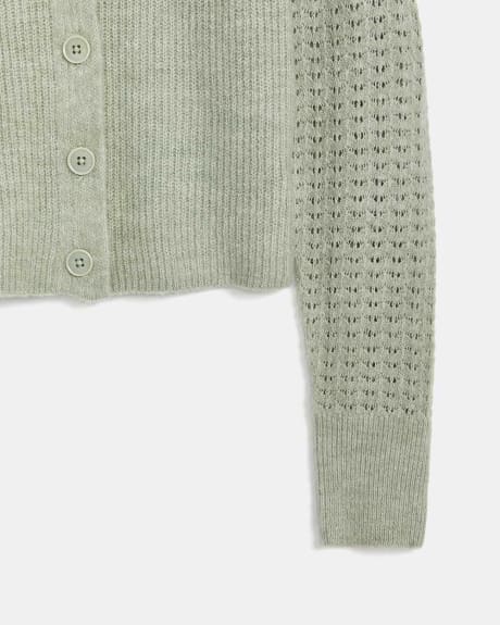 Spongy Buttoned Cardigan with Pointelle Sleeves