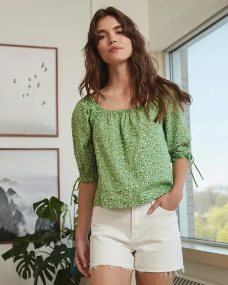 Puffy Linen Blend Popover Blouse with Tie at Sleeve