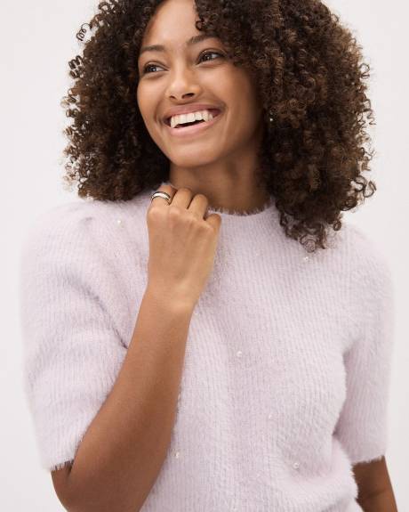 Elbow-Sleeve Mock-Neck Feather-Yarn Pullover with Pearls